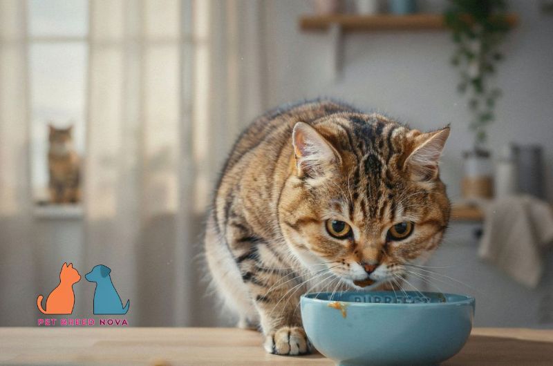 A brown tabby British Shorthair cat eating from a bowl, illustrating the best diet and nutrition for British shorthair cats.