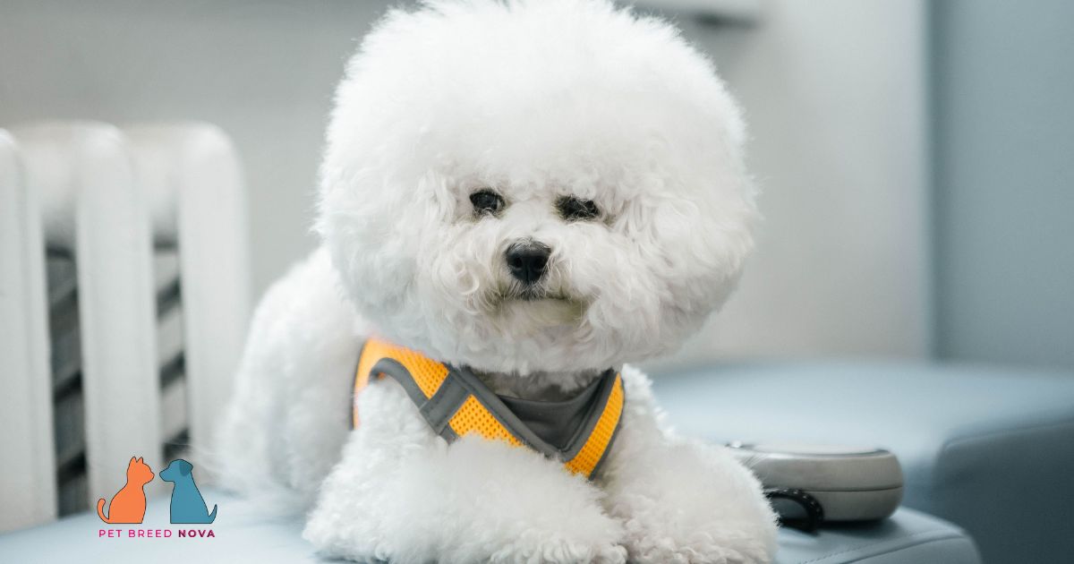 A fluffy white Bichon Frise dog wearing an orange harness, sitting indoors.