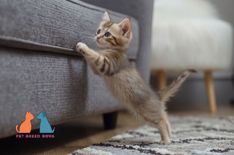 A small Munchkin kitten stretching up against a sofa, addressing whether can munchkin cats jump and run normally.