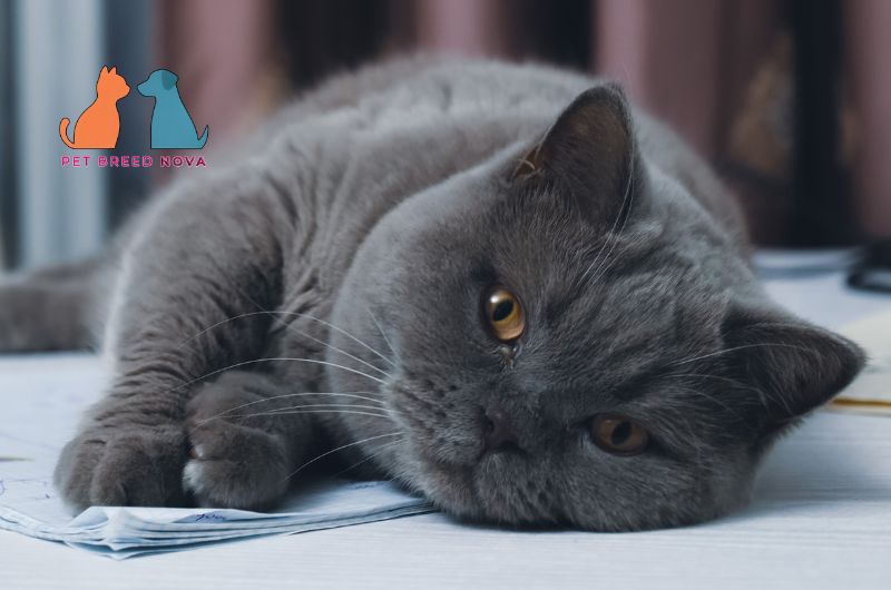 A blue British Shorthair cat lying down looking tired, illustrating common health problems in British shorthair cats