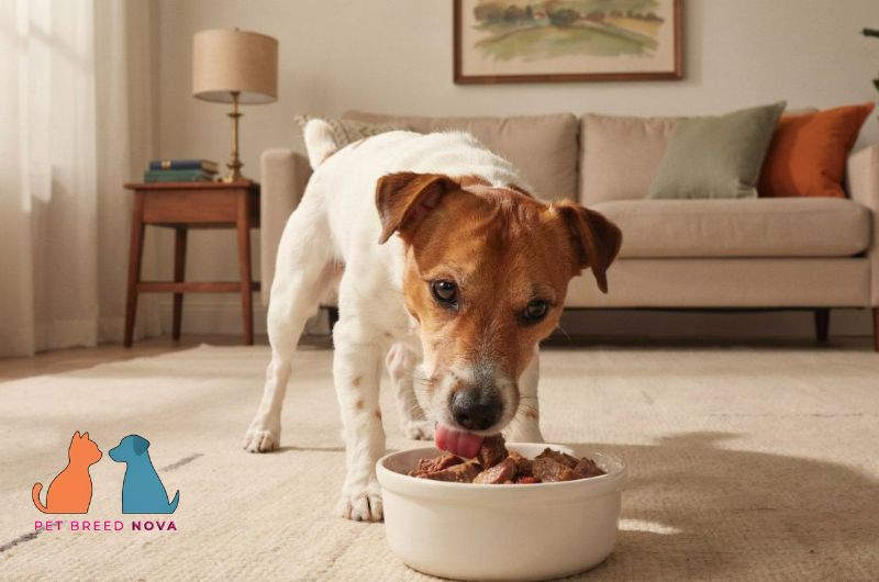 A Jack Russell Terrier eating fresh food from a bowl in a living room, illustrating a diet and nutrition guide.