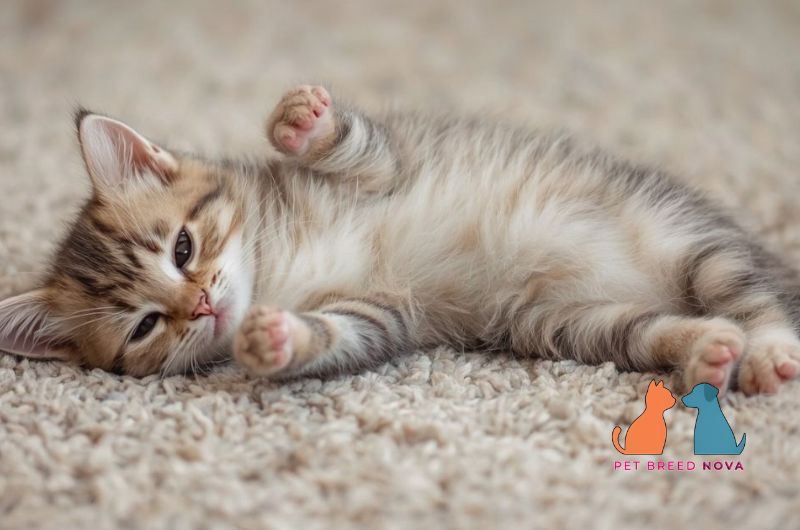 A small Munchkin kitten lying down on a carpet, representing discussions on munchkin health issues and lifespan.