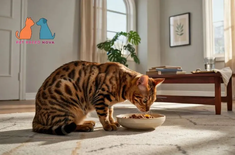 A brown spotted Bengal cat eating wet meal from a bowl on the floor, showcasing the best food for bengal cats.