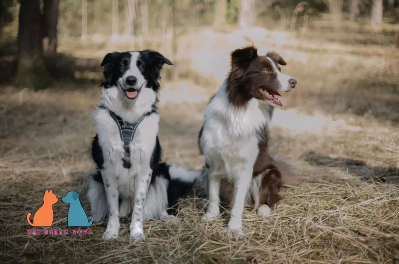 Black-and-white Border Collie and brown-and-white Border Collie sitting together in a field.