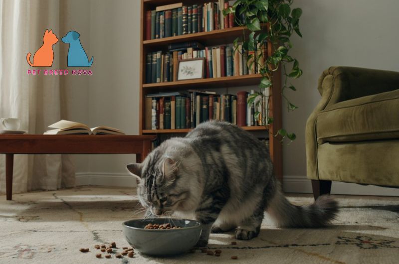 A fluffy silver tabby Maine Coon cat eating dry food from a bowl on the floor, illustrating diet nutrition and common health problems.