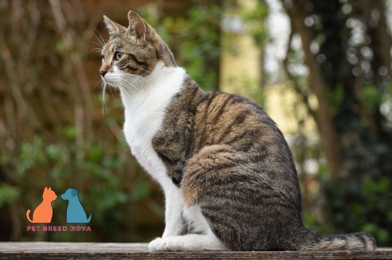 An alert tabby and white European Shorthair cat sitting outdoors and looking away, illustrating european shorthair personality and temperament.