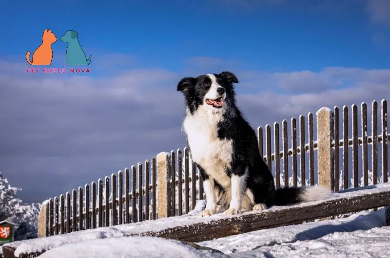 Black and white Border Collie sitting on a wooden bench near a fence in a snowy landscape.