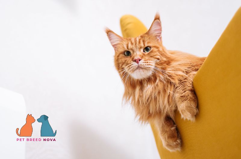 A curious orange tabby Maine Coon cat peeking from behind a yellow chair, highlighting interesting maine coon facts.