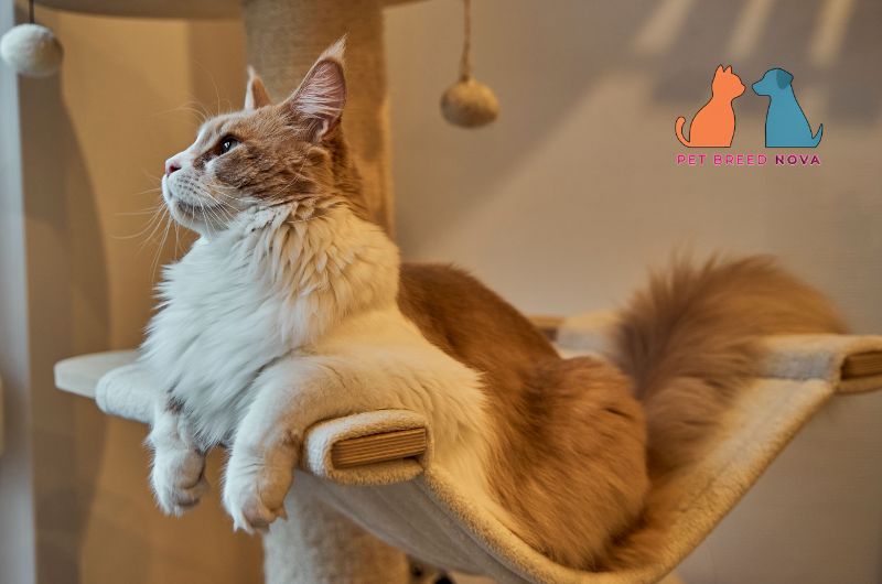 An orange and white bicolor Maine Coon cat relaxing on a cat tree hammock, highlighting maine coon colors and coat patterns.