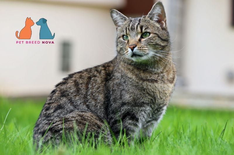 A brown tabby European Shorthair cat sitting on green grass outside, introducing what is a european shorthair.