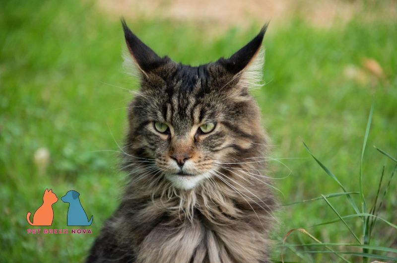 A majestic brown tabby Maine Coon cat with sharp facial features outdoors, explaining what is a maine coon cat.